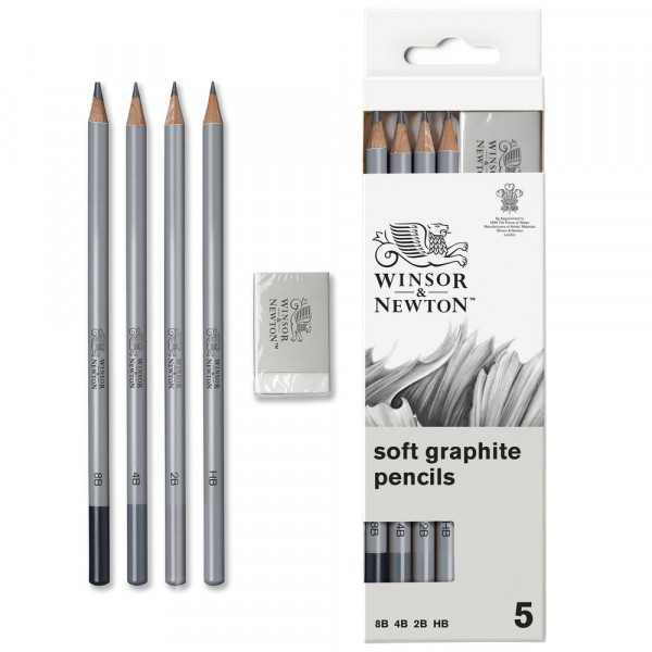 Winsor & Newton Soft Graphitstifte 4er Set mit Radierer